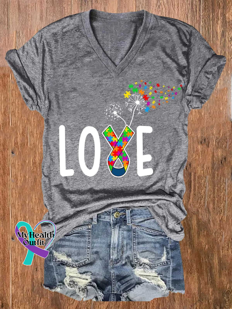 Women’s Love Autism Awareness V-Neck Casual T-Shirt Grey / S