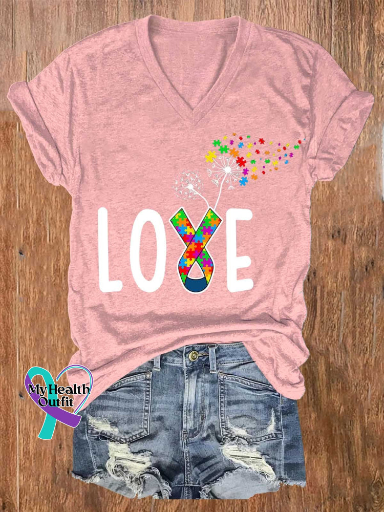 Women’s Love Autism Awareness V-Neck Casual T-Shirt Lightpink / S