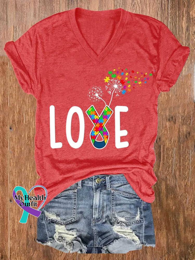 Women’s Love Autism Awareness V-Neck Casual T-Shirt Red / S