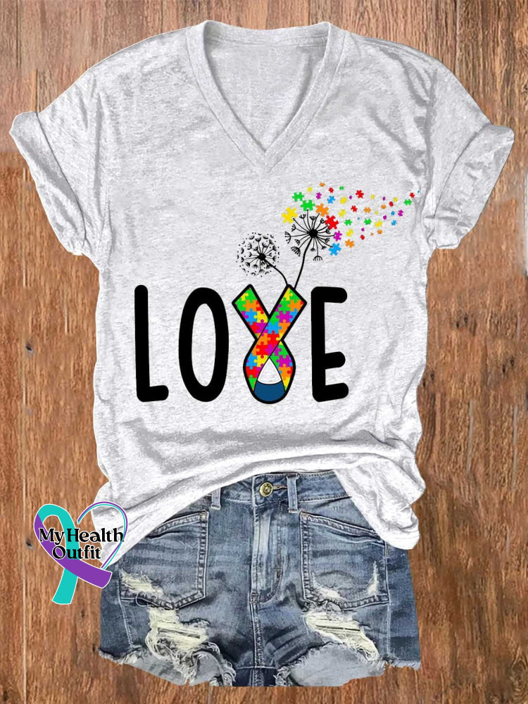 Women’s Love Autism Awareness V-Neck Casual T-Shirt White / S