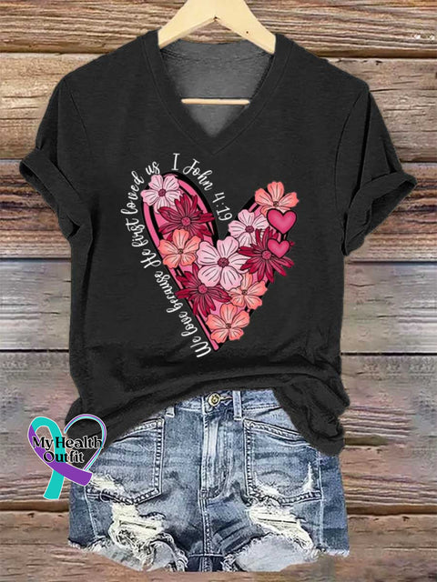 Women’s Love Floral Heart PNG Christian Valentine John 4:19 V-neck Casual T-Shirt Black / S