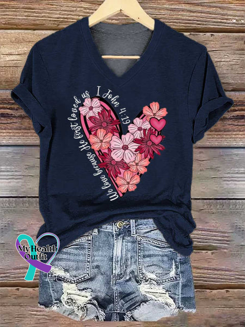 Women’s Love Floral Heart PNG Christian Valentine John 4:19 V-neck Casual T-Shirt Blue / S