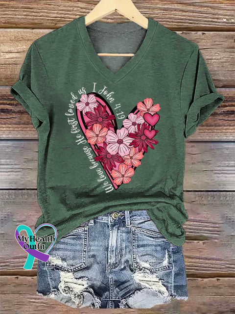 Women’s Love Floral Heart PNG Christian Valentine John 4:19 V-neck Casual T-Shirt Green / S