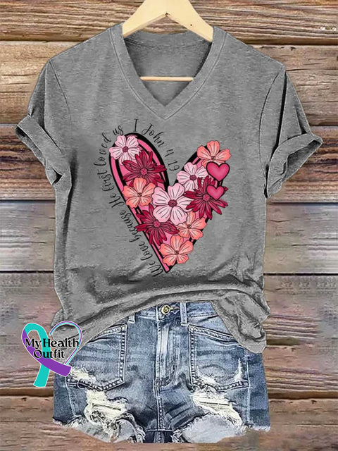 Women’s Love Floral Heart PNG Christian Valentine John 4:19 V-neck Casual T-Shirt Grey / S