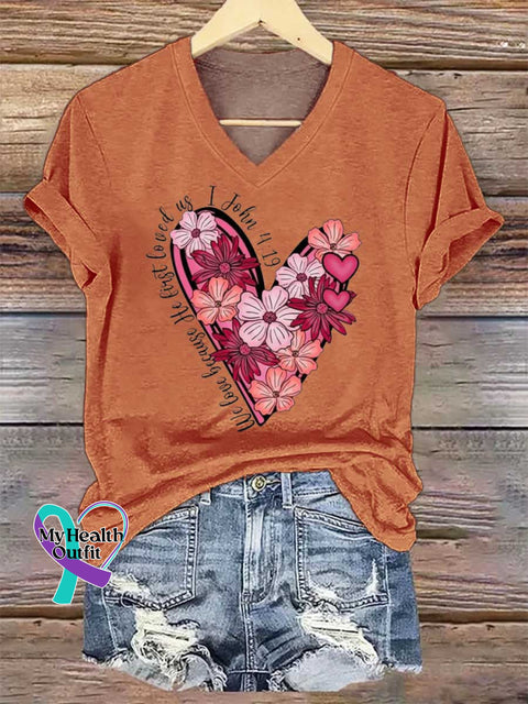 Women’s Love Floral Heart PNG Christian Valentine John 4:19 V-neck Casual T-Shirt Orange / S