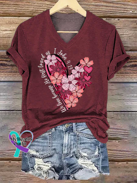 Women’s Love Floral Heart PNG Christian Valentine John 4:19 V-neck Casual T-Shirt Red / S