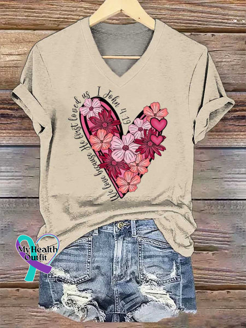 Women’s Love Floral Heart PNG Christian Valentine John 4:19 V-neck Casual T-Shirt Sand / S