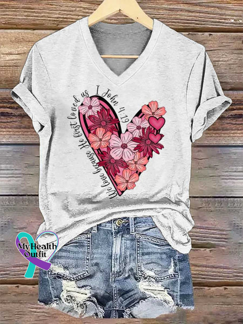 Women’s Love Floral Heart PNG Christian Valentine John 4:19 V-neck Casual T-Shirt White / S