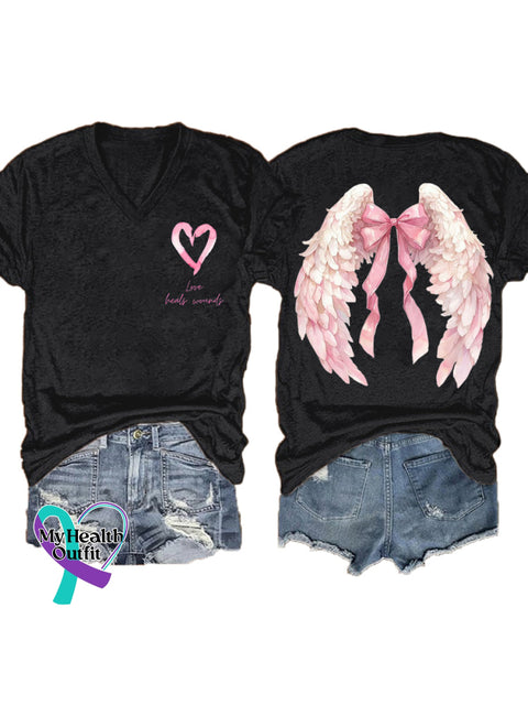 Women’s Love Heals Wounds Breast Cancer Awareness Wings V neck Casual T Shirt Black / S