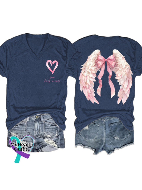 Women’s Love Heals Wounds Breast Cancer Awareness Wings V neck Casual T Shirt Blue / S
