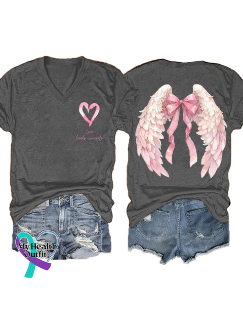 Women’s Love Heals Wounds Breast Cancer Awareness Wings V neck Casual T Shirt Grey / S