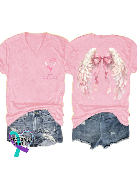Women’s Love Heals Wounds Breast Cancer Awareness Wings V neck Casual T Shirt LightPink / S
