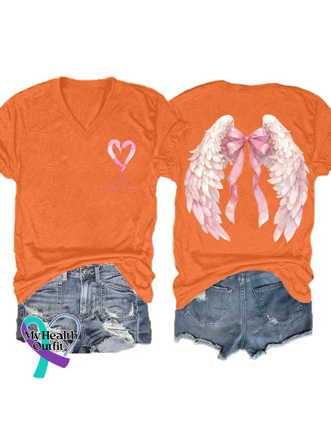 Women’s Love Heals Wounds Breast Cancer Awareness Wings V neck Casual T Shirt Orange / S
