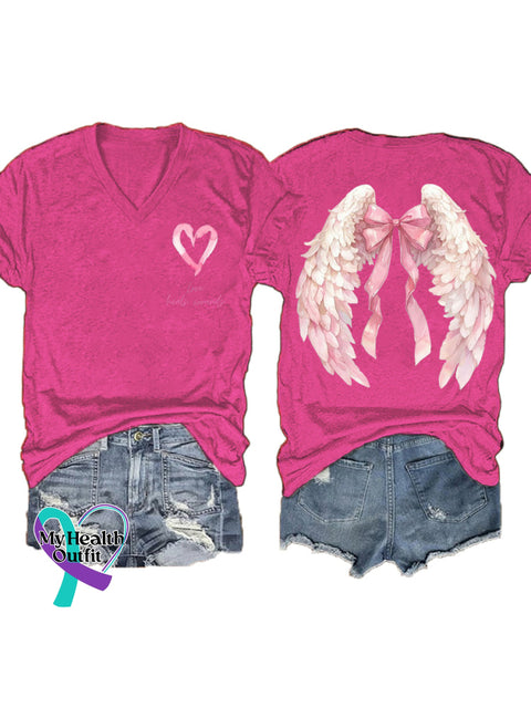 Women’s Love Heals Wounds Breast Cancer Awareness Wings V neck Casual T Shirt Pink / S