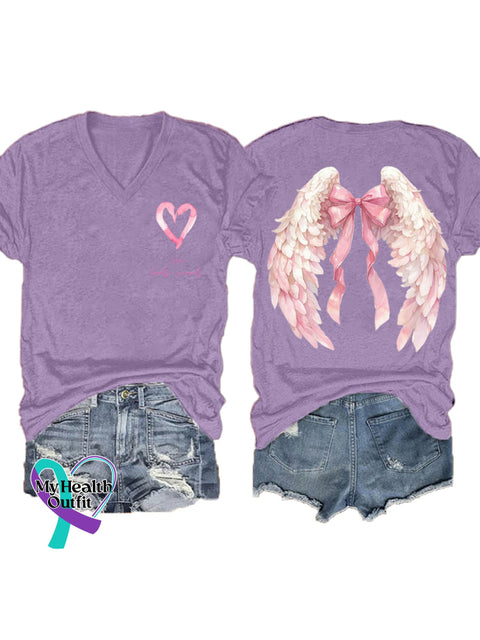 Women’s Love Heals Wounds Breast Cancer Awareness Wings V neck Casual T Shirt Purple / S