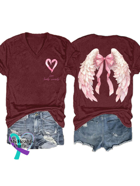 Women’s Love Heals Wounds Breast Cancer Awareness Wings V neck Casual T Shirt Red / S