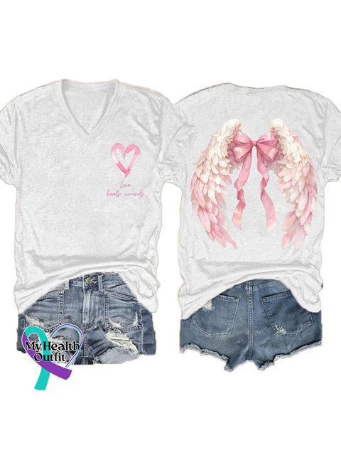 Women’s Love Heals Wounds Breast Cancer Awareness Wings V neck Casual T Shirt White / S