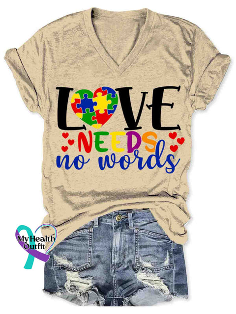 Women’s Love Need No Word Autism Awareness Art V-neck Casual T-Shirt Apricot / S