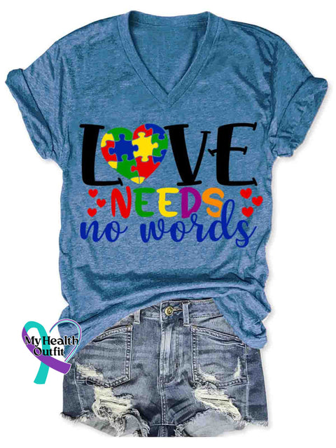 Women’s Love Need No Word Autism Awareness Art V-neck Casual T-Shirt Blue / S