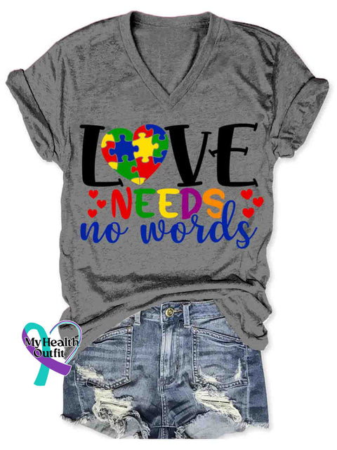 Women’s Love Need No Word Autism Awareness Art V-neck Casual T-Shirt Grey / S