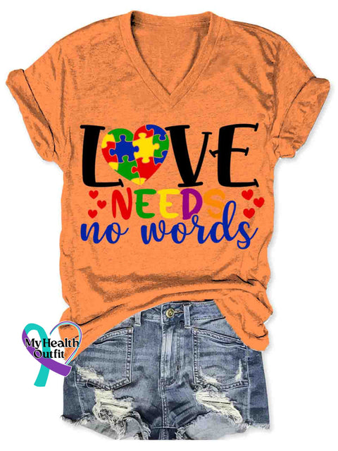 Women’s Love Need No Word Autism Awareness Art V-neck Casual T-Shirt Orange / S
