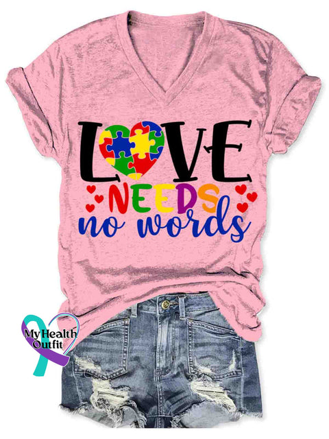 Women’s Love Need No Word Autism Awareness Art V-neck Casual T-Shirt Pink / S
