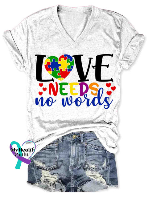Women’s Love Need No Word Autism Awareness Art V-neck Casual T-Shirt White / S