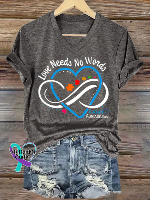 Women’s Love Needs No Words Autism Awareness Blue Heart V-neck Casual T-Shirt Grey / S