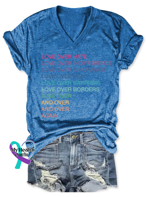 Women’s Love Over Hate Print Casual T-Shirt Blue / S