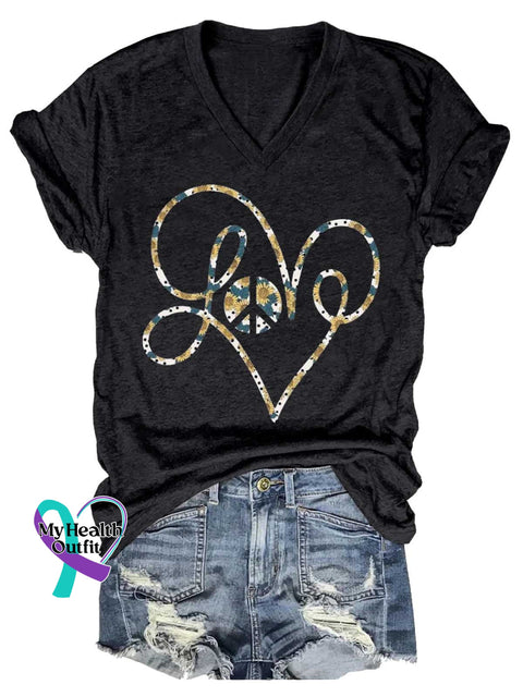 Women’s Love Peace Sign V-neck Casual T-Shirt Black / S