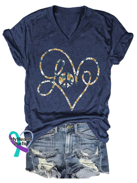Women’s Love Peace Sign V-neck Casual T-Shirt Blue / S