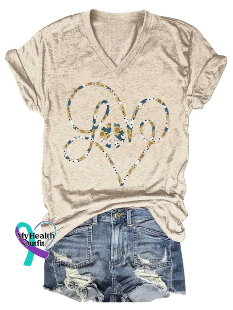 Women’s Love Peace Sign V-neck Casual T-Shirt Sand / S