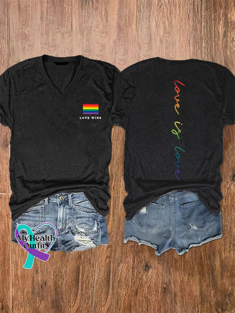 Women’s Love Wins Is Pride Month Rainbow V-Neck Tee Black / S