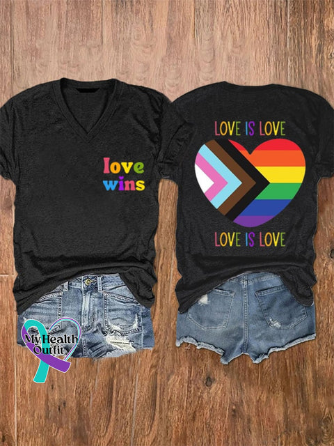 Women’s Love Wins Is Pride Month Rainbow V-Neck Tee Black / S