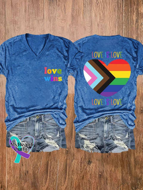 Women’s Love Wins Is Pride Month Rainbow V-Neck Tee Blue / S