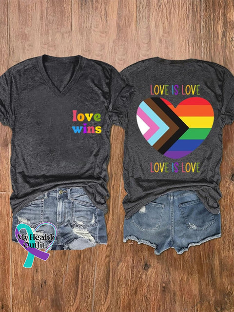 Women’s Love Wins Is Pride Month Rainbow V-Neck Tee Dark Grey / S