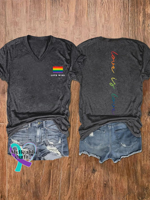 Women’s Love Wins Is Pride Month Rainbow V-Neck Tee Dark Grey / S