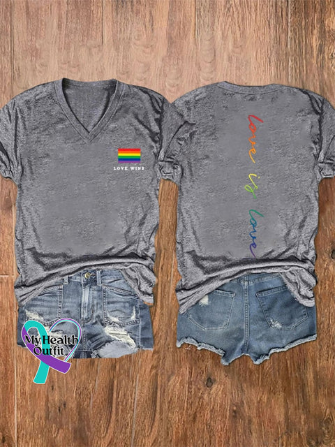Women’s Love Wins Is Pride Month Rainbow V-Neck Tee Light Grey / S