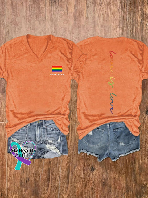 Women’s Love Wins Is Pride Month Rainbow V-Neck Tee Orange / S