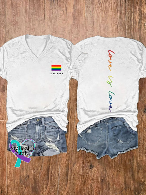 Women’s Love Wins Is Pride Month Rainbow V-Neck Tee White / S