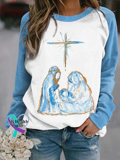 Women’s Lovely Christian Jesus Cross Art Print Casual Long Sleeve Sweatshirt Blue / S