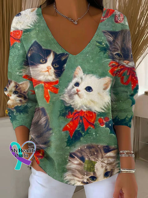 Women’s Lovely Christmas Cats Pattern Art Print Casual Pullover Sweater Green / S