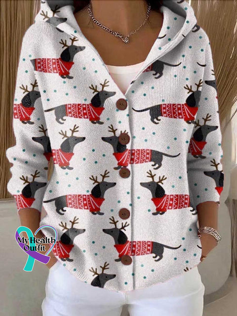 Women’s Lovely Christmas Dogs Art Printed Casual Hooded Button Sweater Multicolor / S