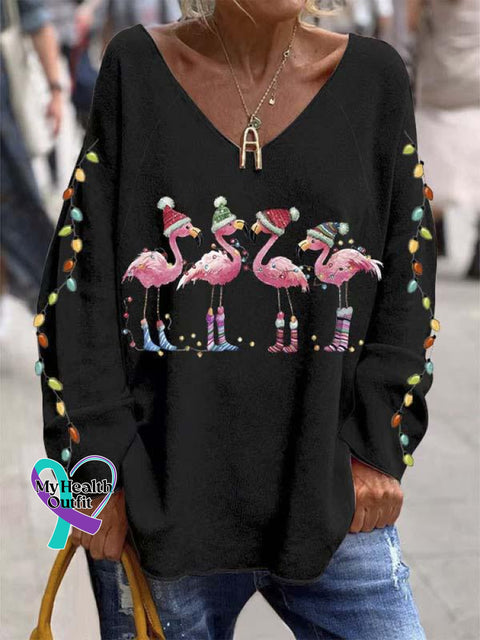 Women’s Lovely Christmas Flamingo Art Print Casual Sweatshirt Black / S