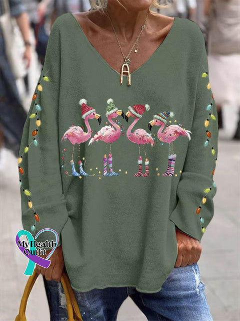 Women’s Lovely Christmas Flamingo Art Print Casual Sweatshirt Green / S