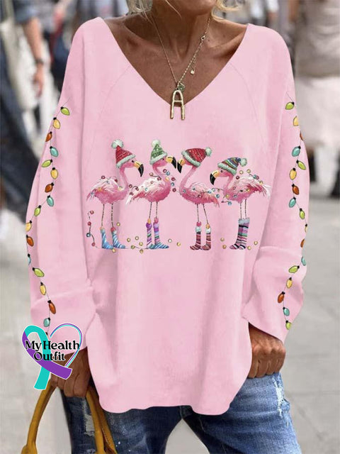 Women’s Lovely Christmas Flamingo Art Print Casual Sweatshirt Pink / S