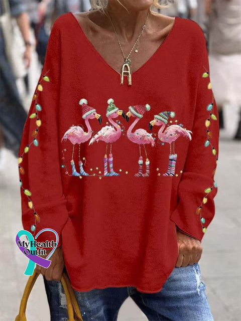 Women’s Lovely Christmas Flamingo Art Print Casual Sweatshirt Red / S