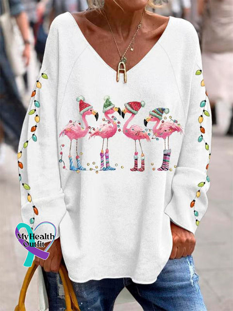 Women’s Lovely Christmas Flamingo Art Print Casual Sweatshirt White / S