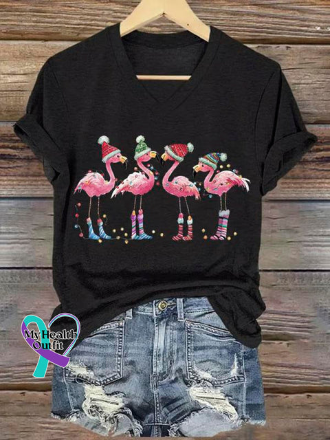 Women’s Lovely Christmas Flamingo Art Print V-Neck Casual T-Shirt Black / S