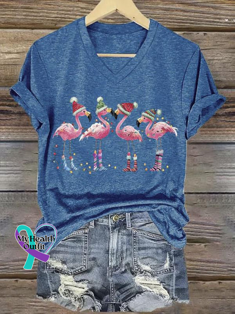 Women’s Lovely Christmas Flamingo Art Print V-Neck Casual T-Shirt Blue / S